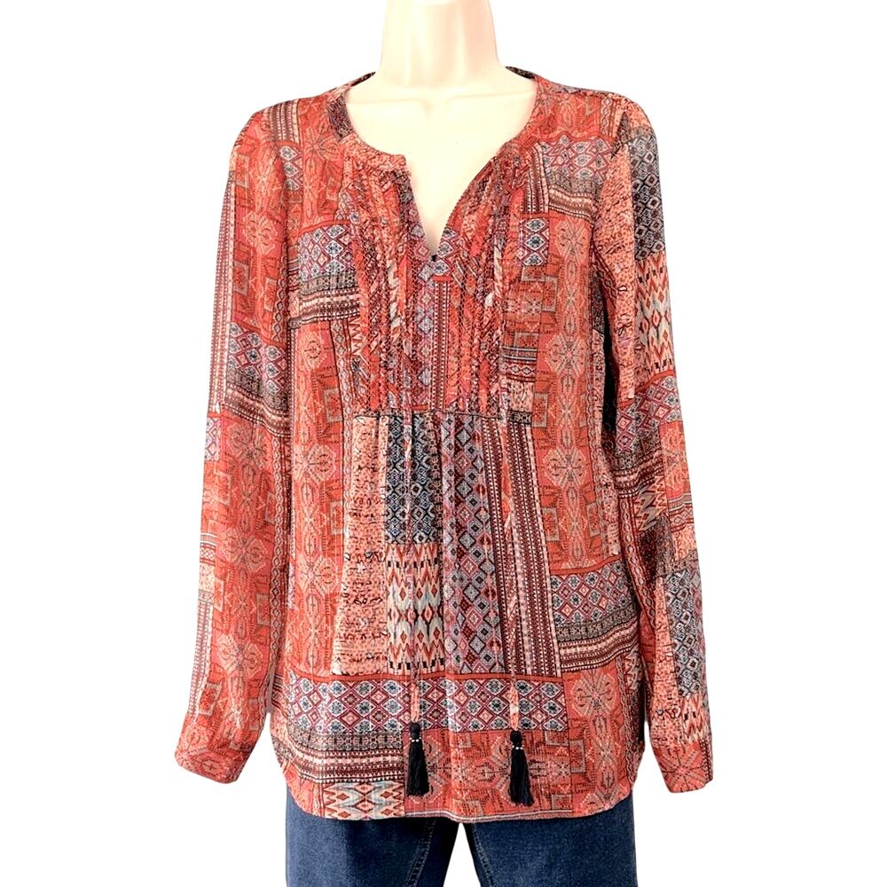 Pale Sky Orange Blue Bohemian style Top Silver threads Camisole Smocking V Neck - Picture 2 of 16